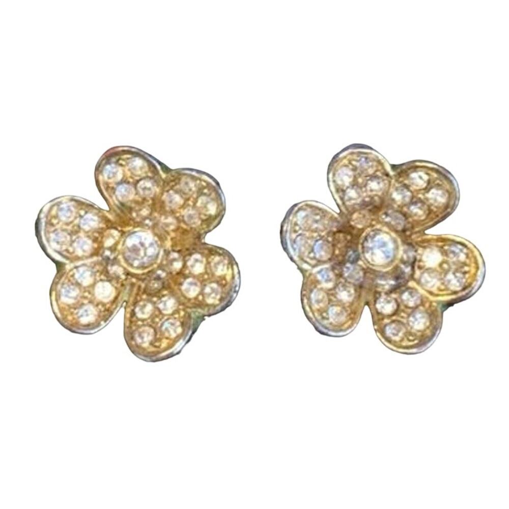 Anthropologie 14k Gold Plated Cubic Zirconium Pave Heart Floral Stud Earrings
